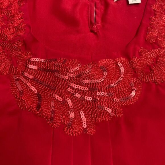 COLDWATER CREEK Women’s Red Top Size Large Embroidered Beaded Ruched Sleeveless - Picture 4 of 12